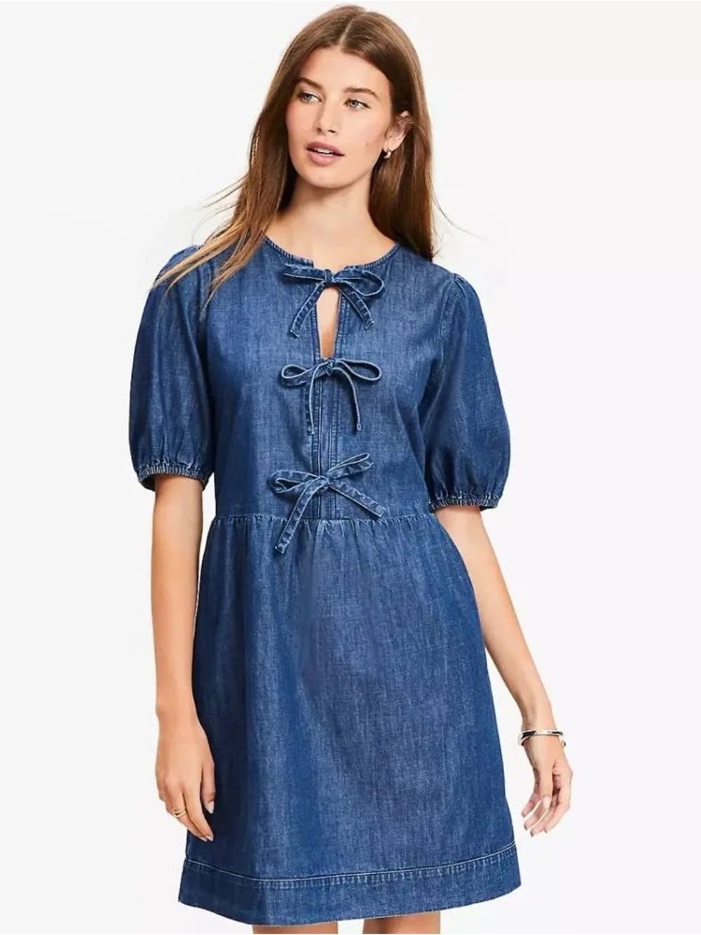 LOFT Denim Blue Mini Dress With Bow Accents